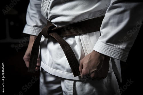 close-up of a jiu-jitsu black belt tied around a white gi photo