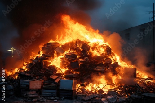 wide shot of a burning pile of electronic waste