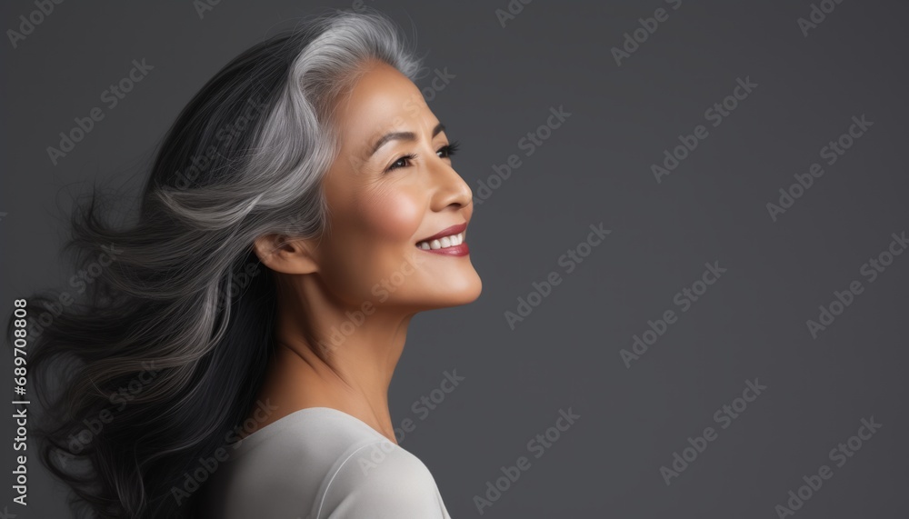 Portrait of happy middle-aged Asian woman, gray background, Portrait of sophisticated senior woman advertising beauty products and services Portrait of happy middle-aged Asian woman, gray background, Portrait of sophisticated senior woman advertising beauty products and services