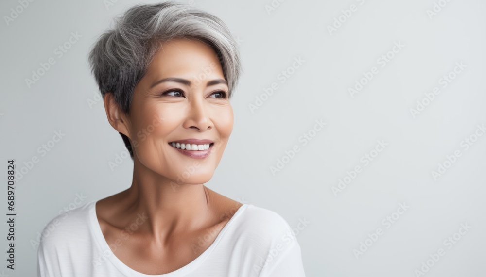 Portrait of happy middle-aged Asian woman, white background, Portrait of sophisticated senior woman advertising beauty products and services Portrait of happy middle-aged Asian woman, white background, Portrait of sophisticated senior woman advertising beauty products and services
