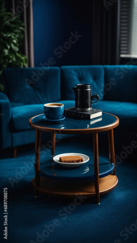 beautiful blue deep blue background with small coffee table and coffee on it Ai generative
