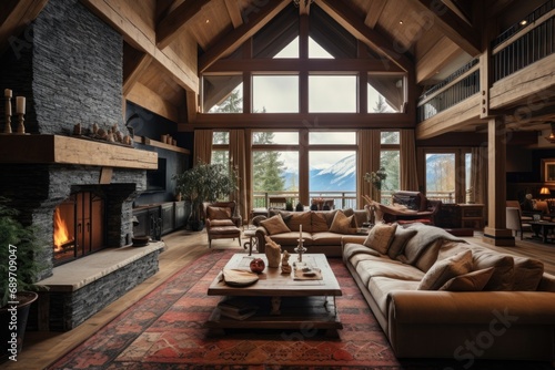 wide shot of a spacious chalet living room with high ceilings © Sergey