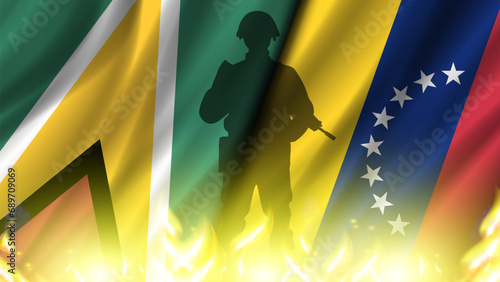 Vector politico-military banner. The black shadow of a soldier against the background of the wavy flags of Guyana and Venezuela. Conflict. War for territory. Bright flame.