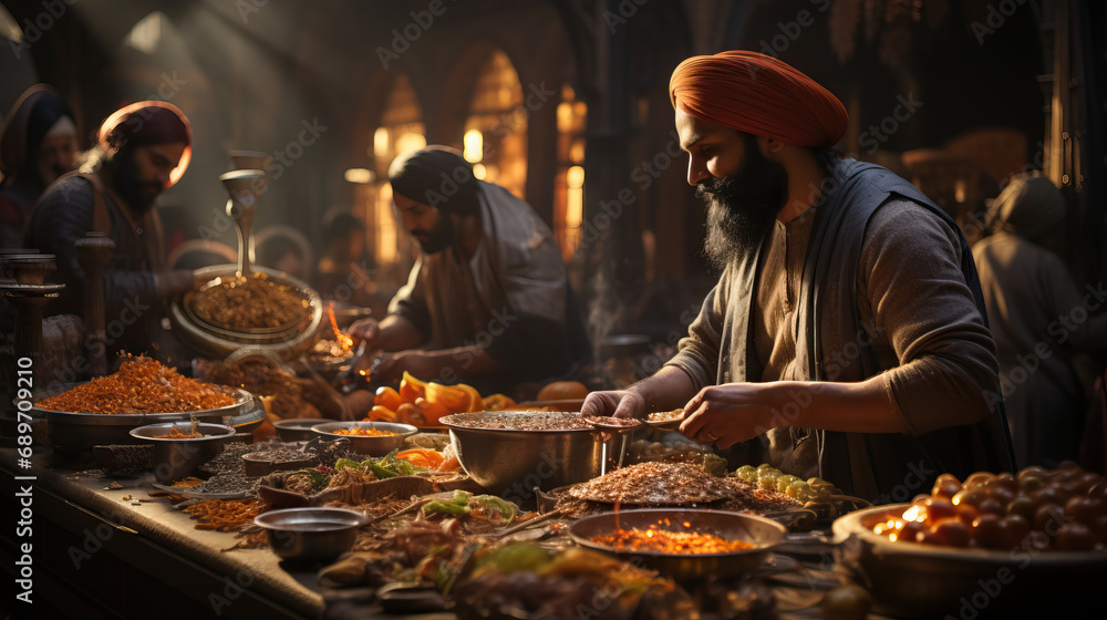Group of Sikh Men Preparing and Serving Langar (Community Meal) in a Gurdwara. Concept of Selfless Service, Community Bonding, and Spiritual Nourishment.