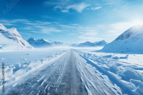 Winter landscape with snow covered road and mountains AI Generated