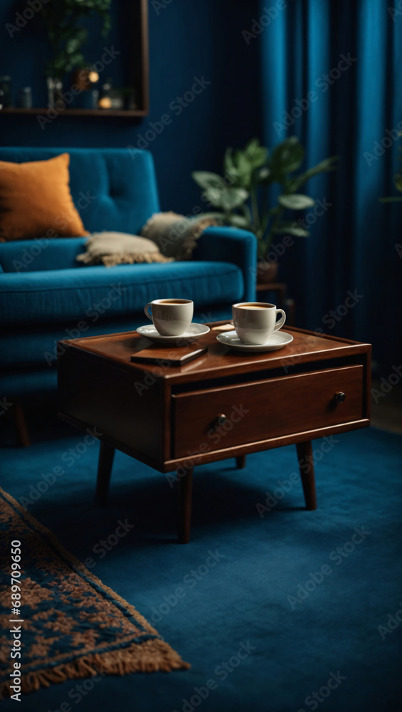 beautiful blue deep blue background with small coffee table and coffee on it Ai generative beautiful blue deep blue background with small coffee table and coffee on it Ai generative