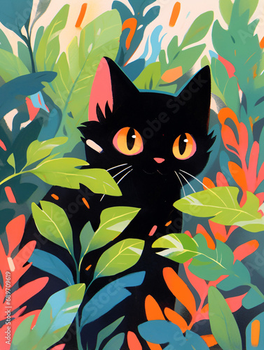 Flat stylized illustration of cute black cartoon cat sitting in plants. Interior design for pet lovers and nature enthusiasts  for children books and cards. Minimalistic and vibrant