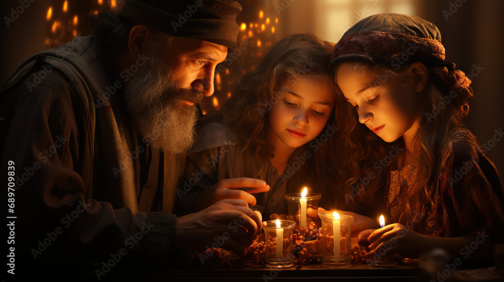 Jewish Family Lighting Candles and Observing Shabbat in a Warm and Inviting Home. Concept of Shabbat Celebration, Family Tradition, and Spiritual Connection