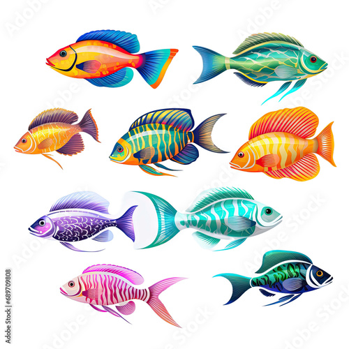 set of colorful fishes on transparent background