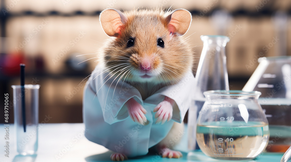 little hamster Doing science experiments with test tubes and beakers in