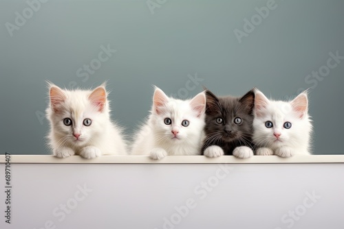 group of cats sitting together on a table looking into the camera © Salander Studio