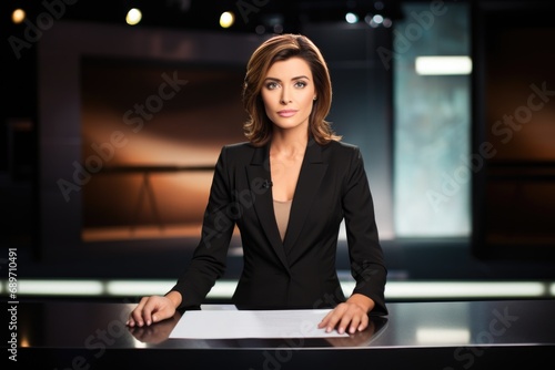 newscaster presenting news in front of camera photo