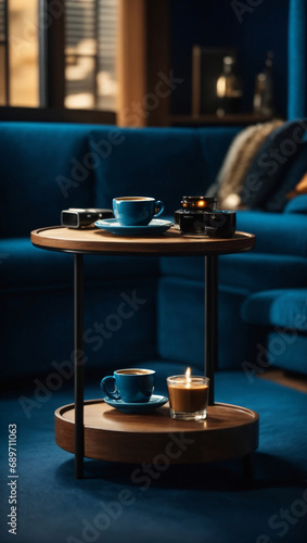 beautiful blue deep blue background with small coffee table and coffee on it Ai generative