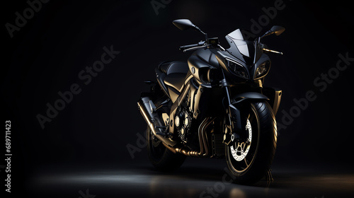 a black motorcycle in a dark room