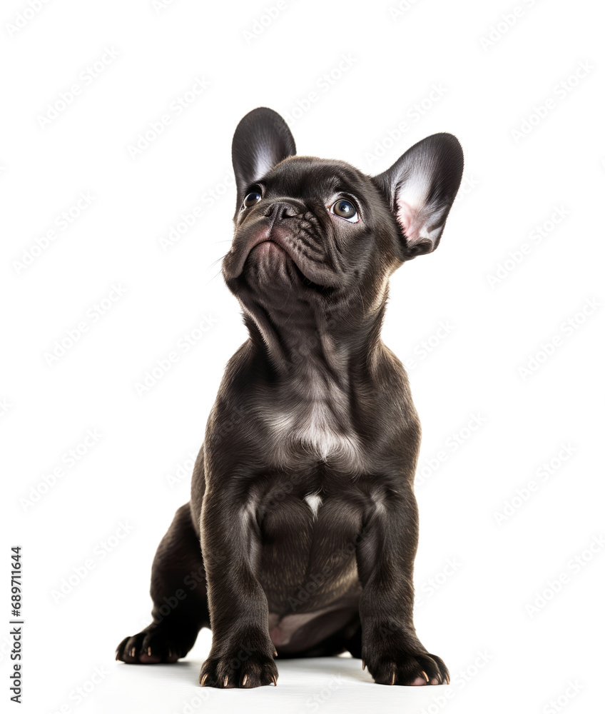 Portrait of french bulldog looking up on white background