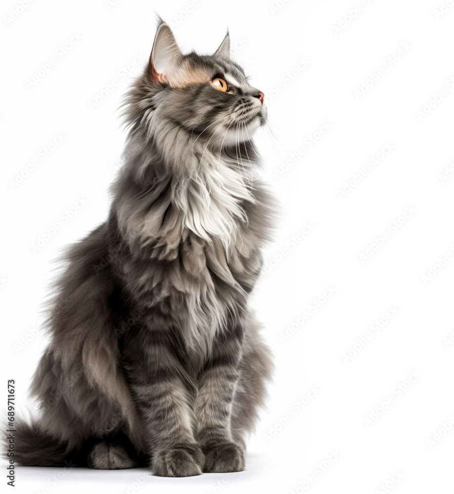 Close-up of gray fluffy cat looking up on white background with copy space Close-up of gray fluffy cat looking up on white background with copy space