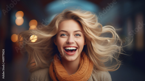 Joyful blonde with flying hair, blue background