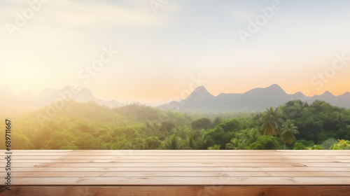 empty wooden table with blurred nature background  wood desk on forest and mountains landscape mockup  ads template