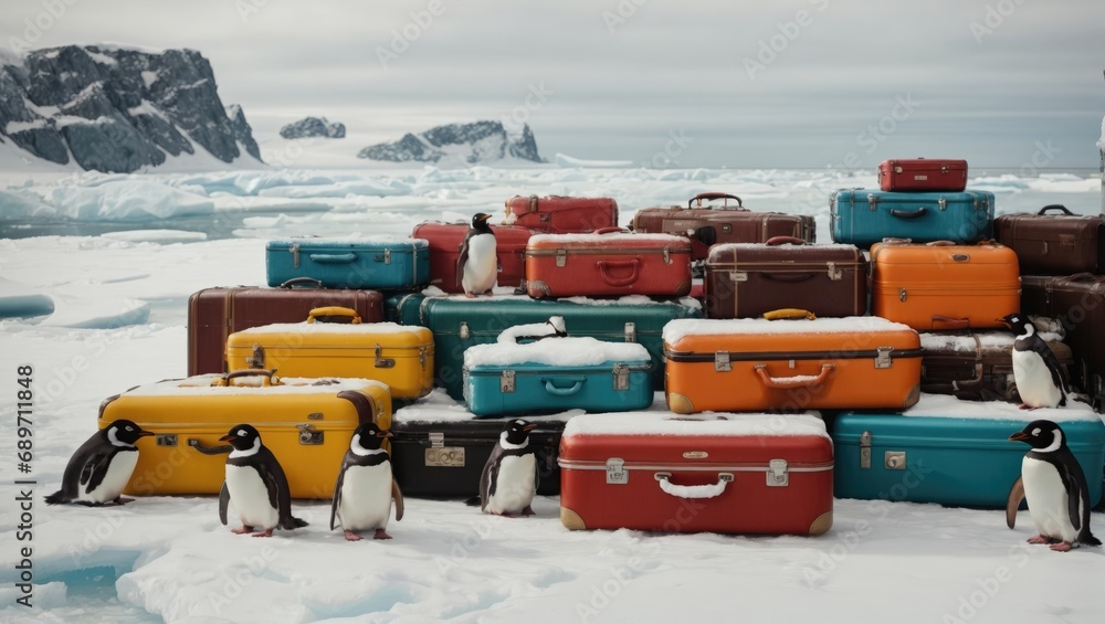 Fototapeta premium Group of penguins on the ice with a lot of suitcases
