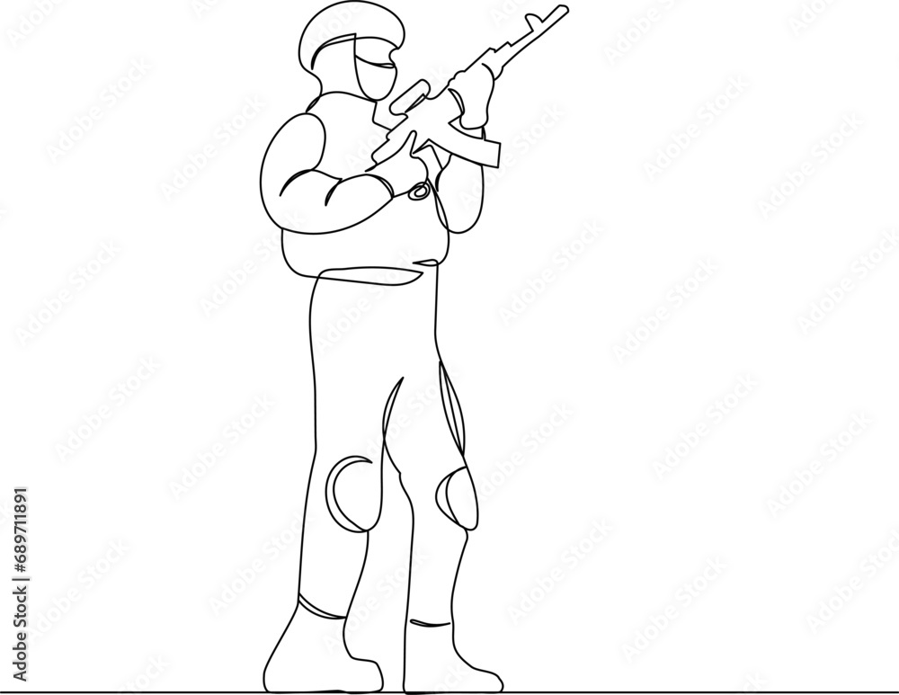 Obraz premium soldier with weapons, line drawing, on a white background, vector