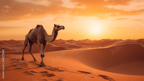 Lone camel stands of searing heat sandy desert watches at setting sun  camel symbolizes struggle against thirst  sweltering temperatures and unforgiving desert climate  endurance camel in desert