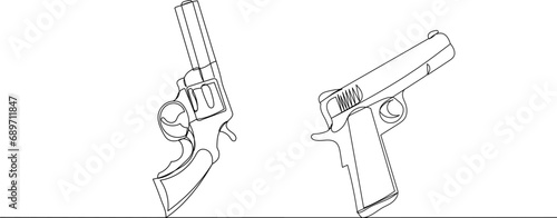 revolver and pistol, line drawing, on a white background, vector