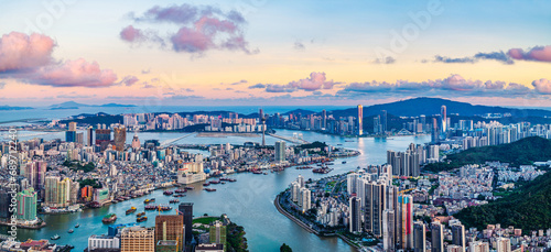 Aerial view of Zhuhai and Macau city skyline scenery at dusk, Guangdong Province, China. Panoramic view. © ABCDstock