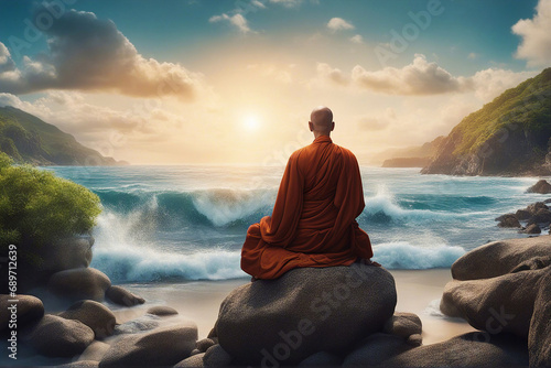 Buddhist monk. A monk meditates on the seashore. Selective focus. AI generated