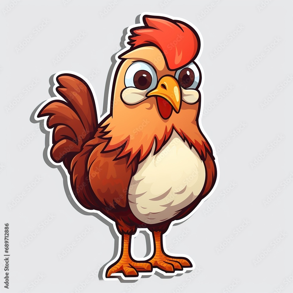 Sticker for funny and crazy chicken , cartoon, comic style, Generative AI