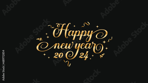 Happy new year 2024. Lettering with golden color effect. Elegant design with ribbon and confetti. Vector illustration