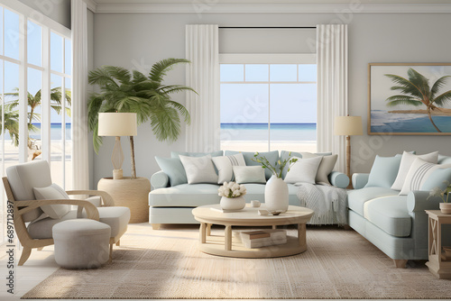 Seaside Serenity: A Coastal Sunroom Featuring White Wicker Furniture, Blue and White Striped Cushions, and Beach-Inspired Decor. 