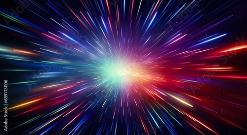 speed and motion at outer space, futuristic background with stars explosion, neon glow and burst universe