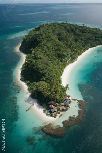 Bird's-eye view, drone shooting of a beautiful green island in the azure clear sea. © liliyabatyrova