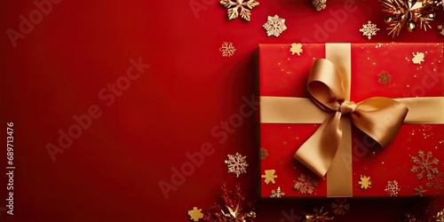 Vibrant christmas composition featuring red and gold decorations xmas gift boxes and festive ribbons. Happy holiday design creates warm and inviting atmosphere