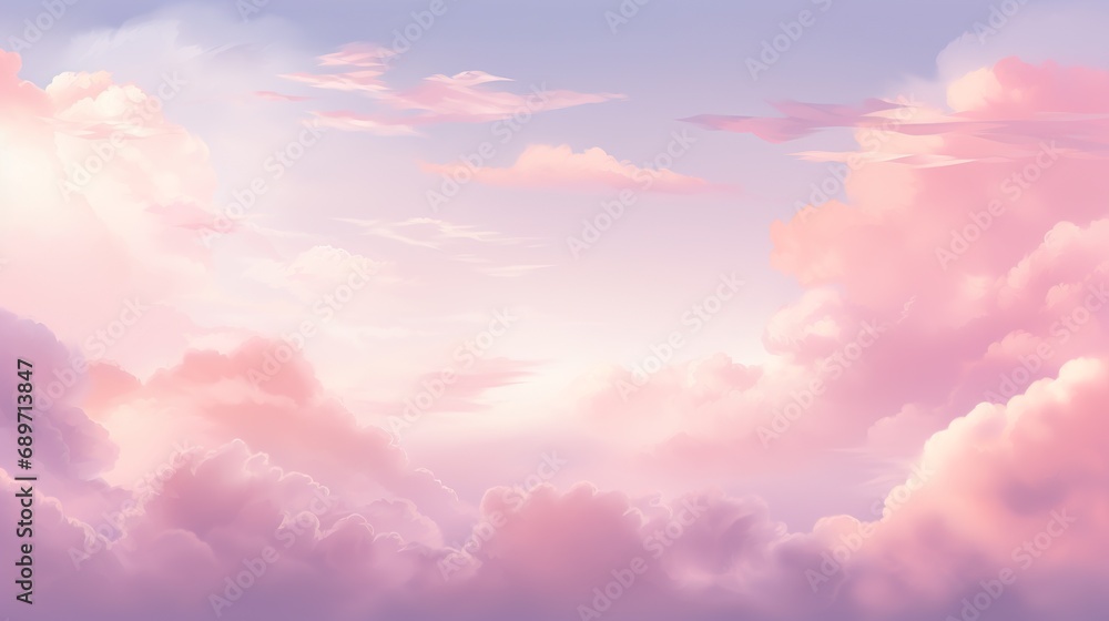 idyllic heaven with purple and pink fluffy colorful clouds, soft and pastel cloudscape with natural light, beautiful natural background