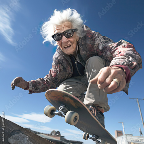 An elderly woman, a grandmother with glasses and gray hair, does a trick on a skateboard. Active lifestyle of the elderly