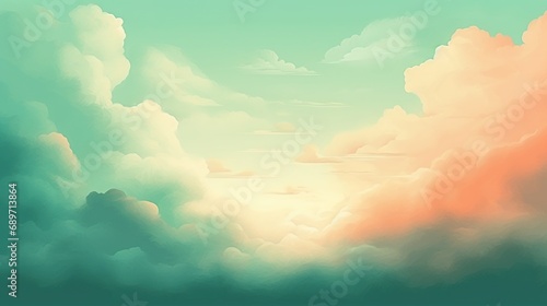 idyllic heaven with green fluffy colorful clouds, soft and pastel cloudscape with natural light, beautiful natural background