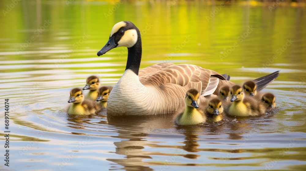 A Canada goose (branta canadensis) mother and father swim with their ten baby goslings in a lake A Canada goose (branta canadensis) mother and father swim with their ten baby goslings in a lake