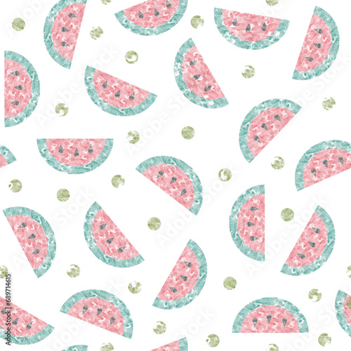 Watercolor watermelon seamless pattern vector. Cute watermelon on white background. Beautiful pastel wallpaper. Design for fabric, dress, skirt, textile, scarf, pajama, bedsheet, kid cloth, card.