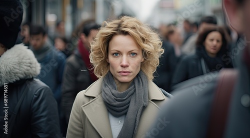 portrait of a woman in a blurred crowd of people