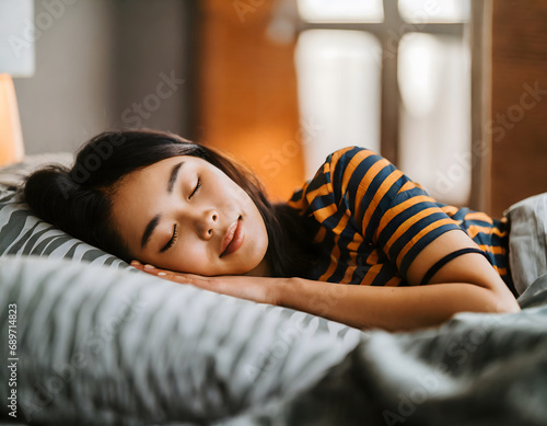 Asian woman sleeping peacefully in her bed photo
