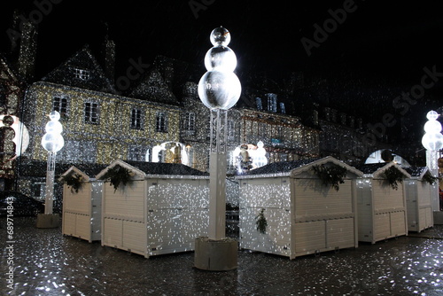 Quimper, Bretagne, France; December 06 2023: Christmas ambiance and light decoration before Noël 2023 in Quimper.