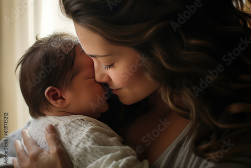 Mother Tenderly Kisses Precious Newborn, Capturing Mothers Day Love