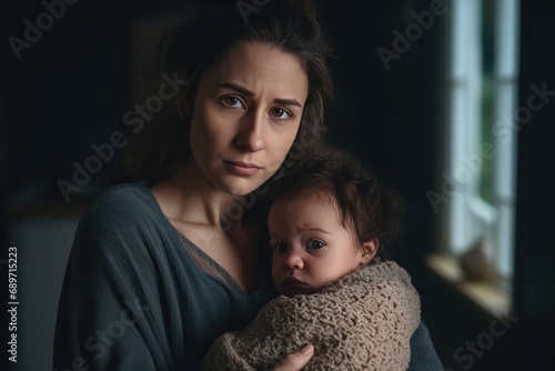 Mother With Postpartum Depression Holds Her Baby photo