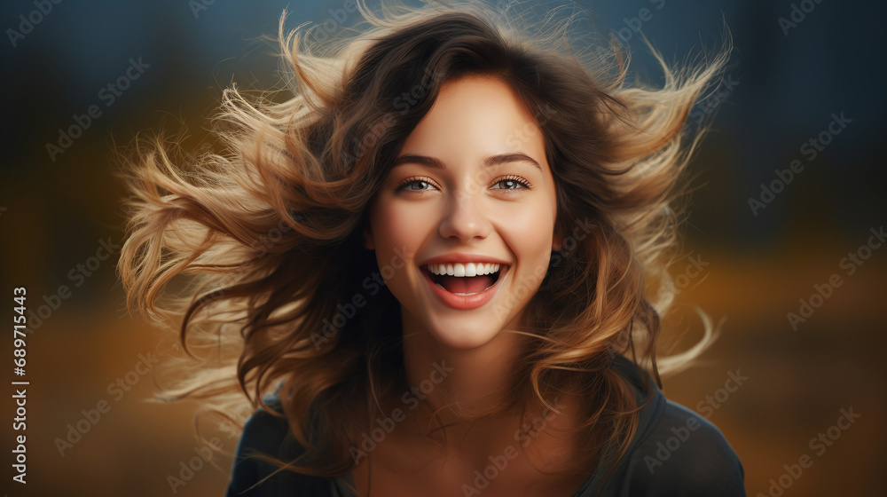Exuberant brunette woman, autumn backdrop Exuberant brunette woman, autumn backdrop