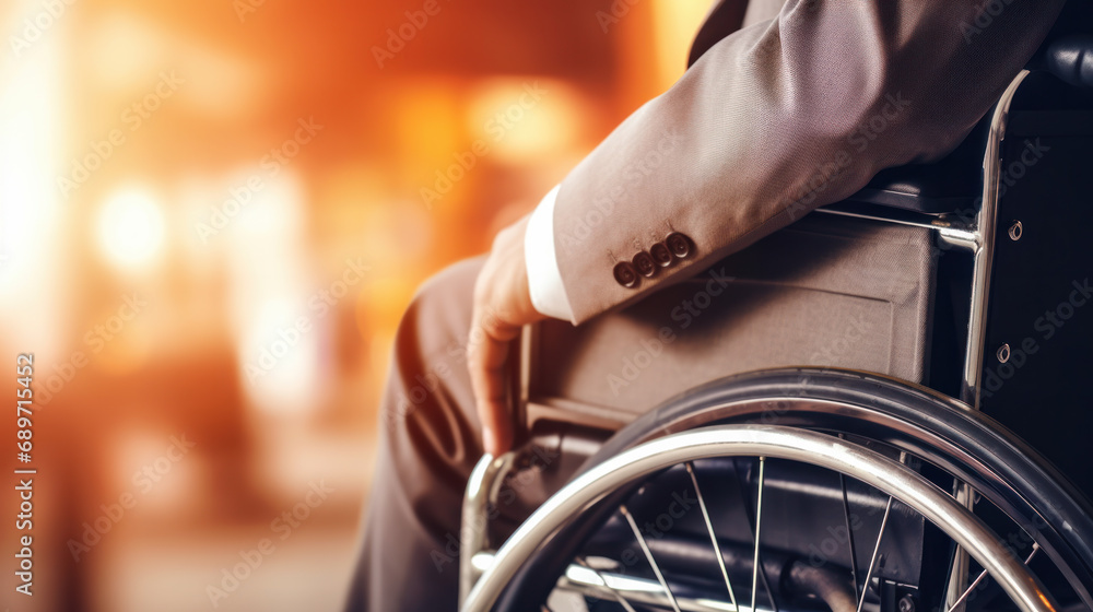 Close-up of a young disabled man in a wheelchair. Seated man. Recovery and healthcare concept. Close-up of a young disabled man in a wheelchair. Seated man. Recovery and healthcare concept.