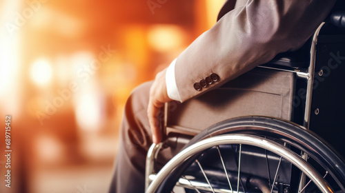 Close-up of a young disabled man in a wheelchair. Seated man. Recovery and healthcare concept.