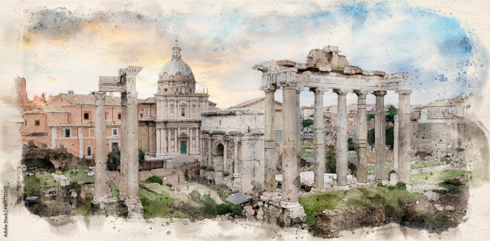 Panoramic view of Ruins of Roman Forum in Rome, Italy, also known as Foro di Cesare, or Forum of Caesar. Watercolor style illustration