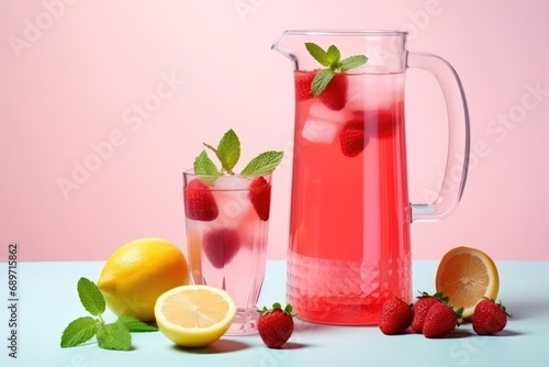 Refreshing Strawberry Lemonade In Minimalist Still Life.   oncept Minimalist Still Life  Refreshing Drink  Strawberry Lemonade  Food Photography