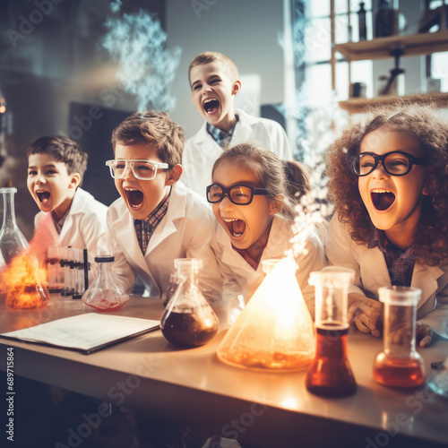 kids science testing in laboratory and surprise excite